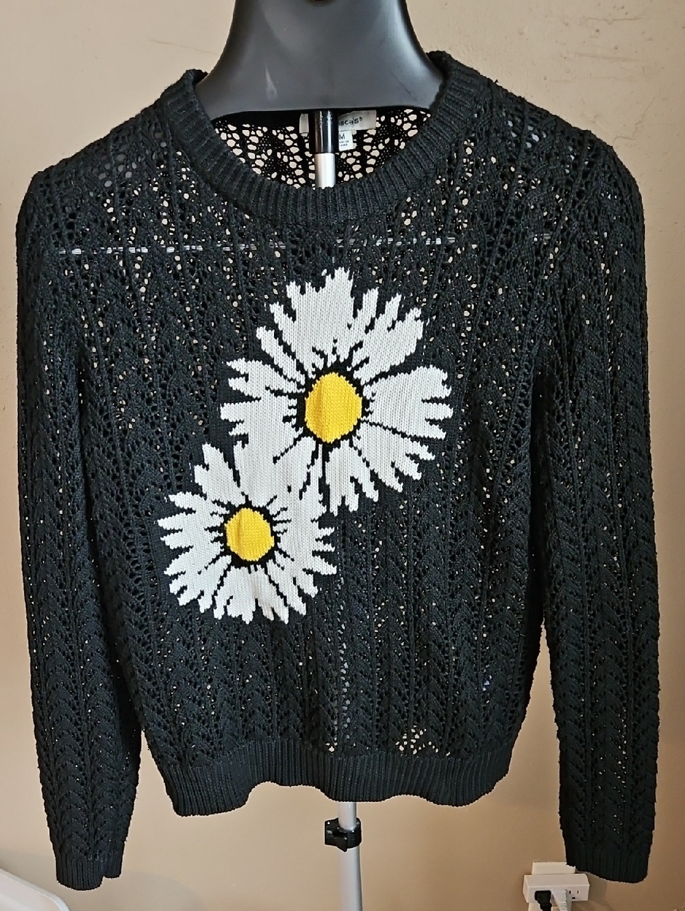 Francesca's Collections Black Daisy Sheer Crewneck Sweater with Daisies